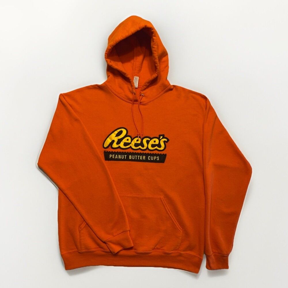 Hershey’s Reeses Peanut Butter Cup Jerzees Sweatshirt Mens L Patch Logo Hoodie